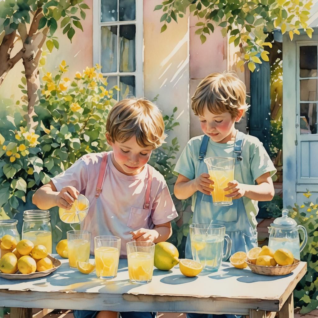 Lemonade Stand: Whimsical Watercolor Painting in Pastel Hues