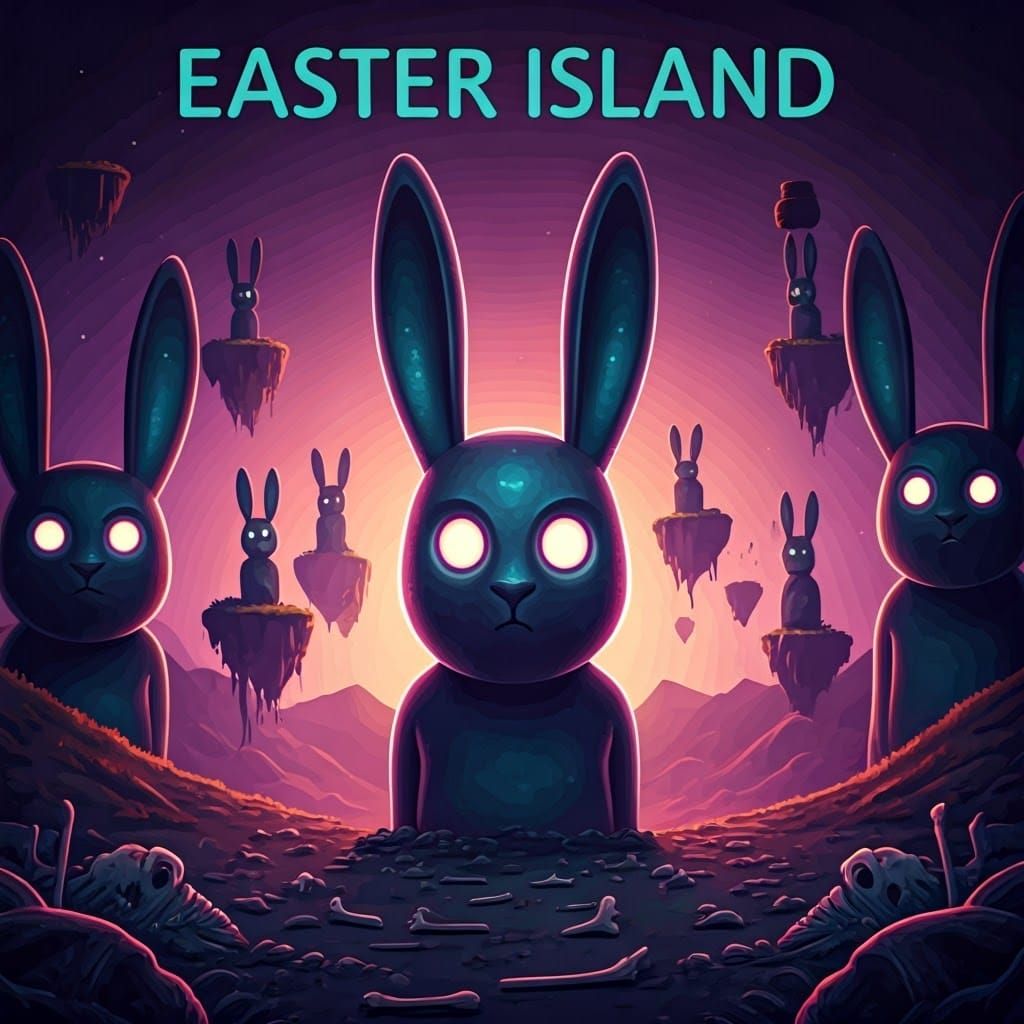 Easter Island: Whimsical Bunnies in a Dreamlike Purple Haze