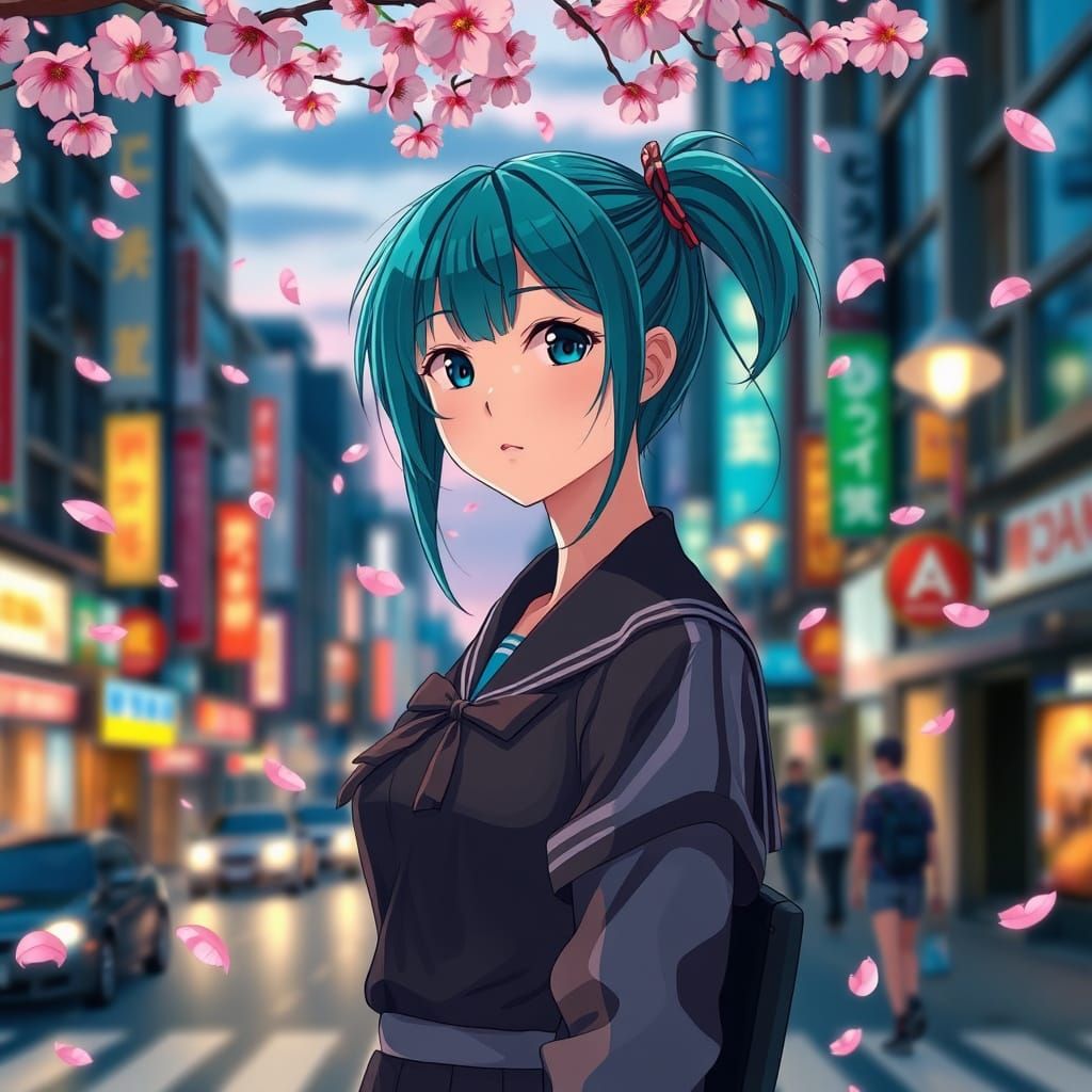 Teal Haired Anime Girl in Tokyo Streets at Twilight