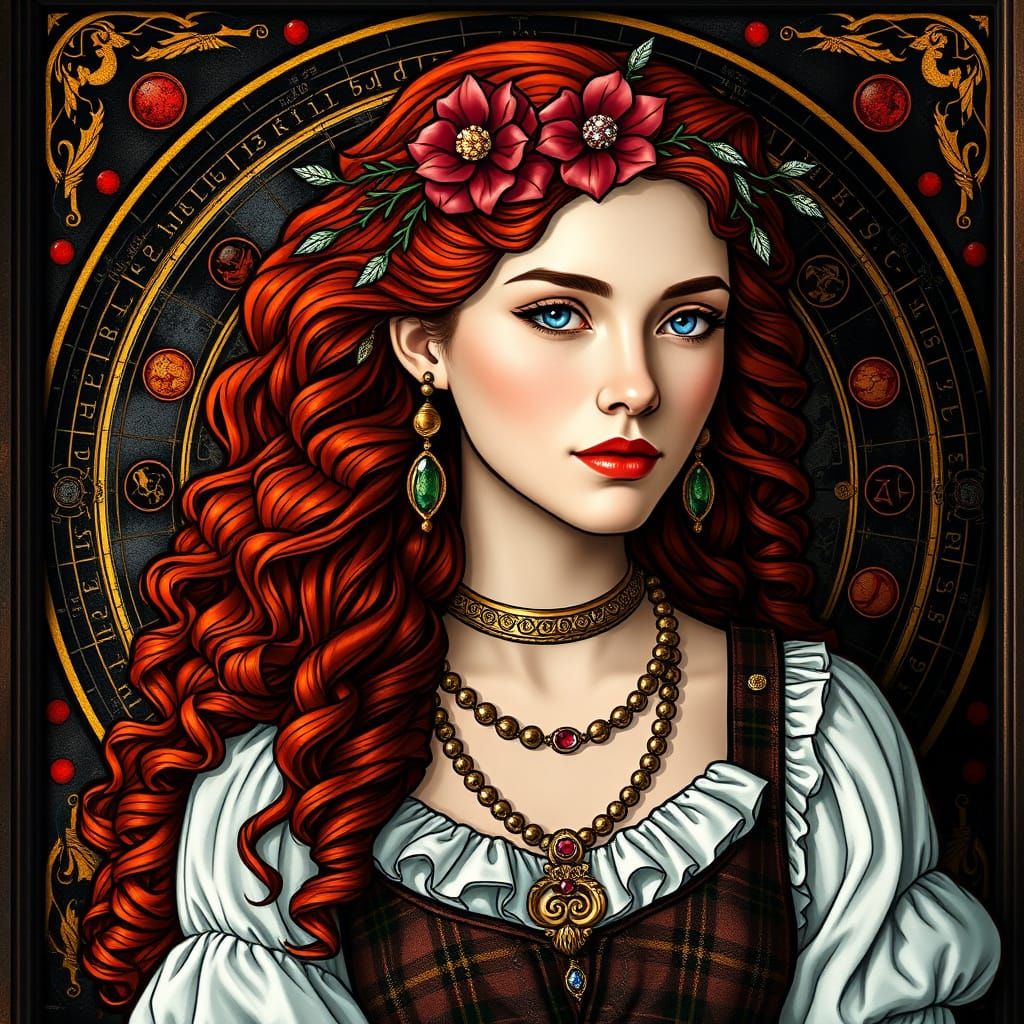 Stunning Stained Glass Portrait of a Fiery Red Haired Woman