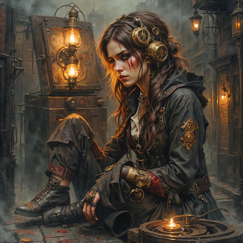 Steampunk Girl Portrait in Industrial Oil Painting Style