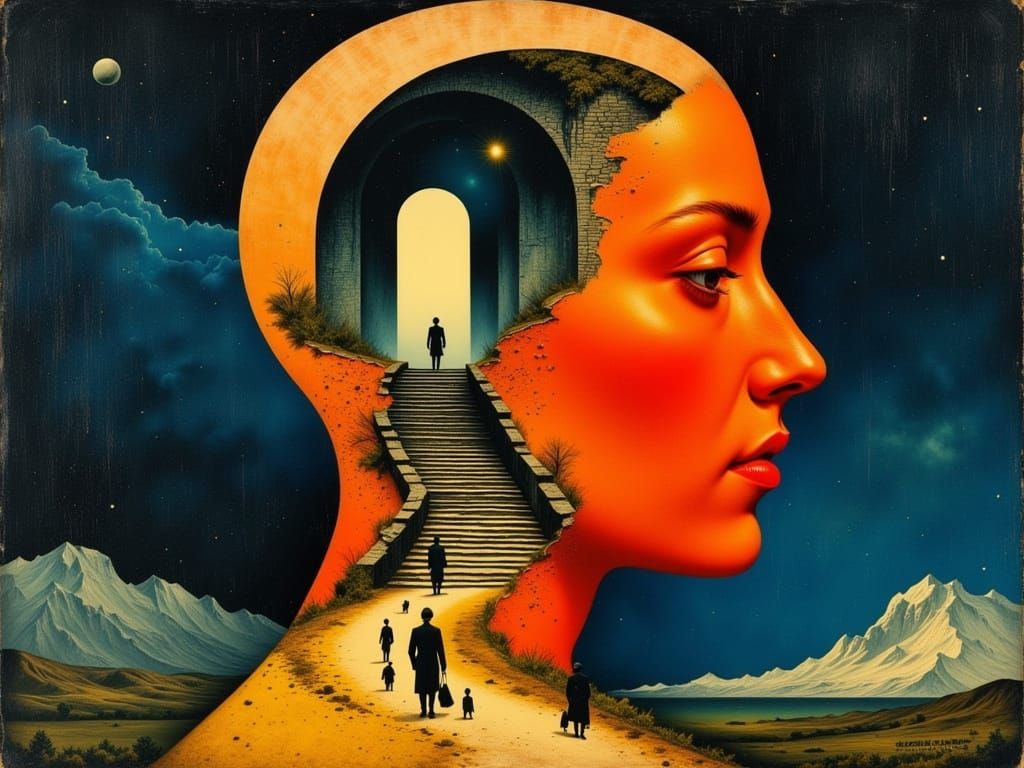 Abstract Head Reveals Staircase to Archway in De Chirico Sty...