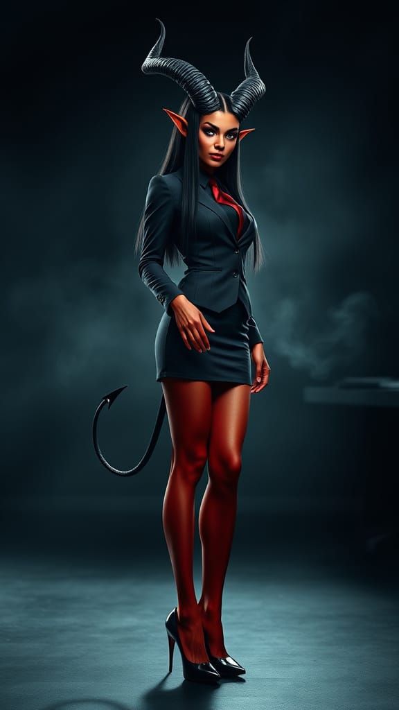 Hyperrealistic Tiefling Secretary in Black Suit