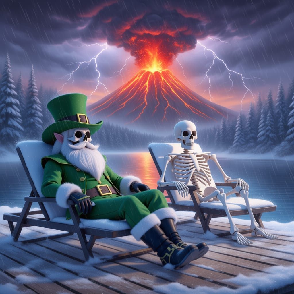 Ethereal Fantasy Leprechaun and Skeleton on Dock