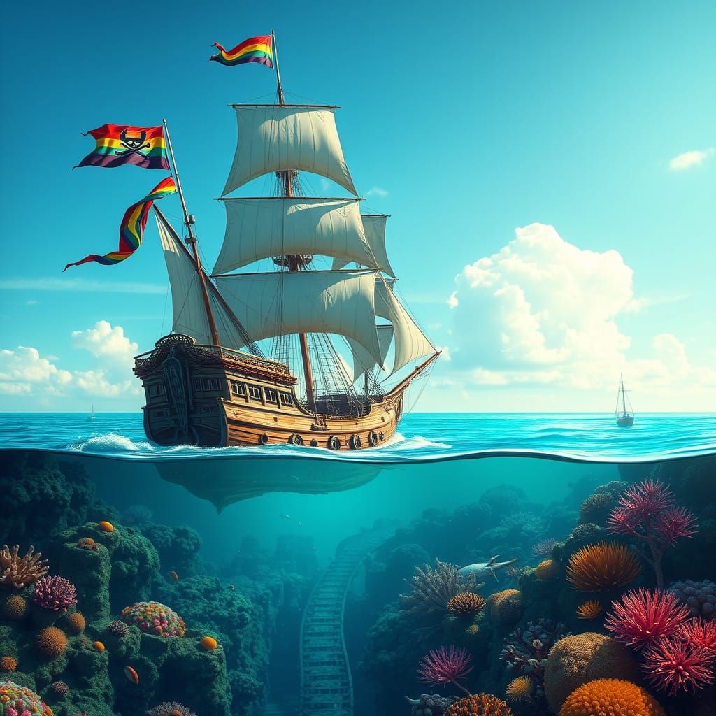 Pirate Ship Sails Above Coral Reef