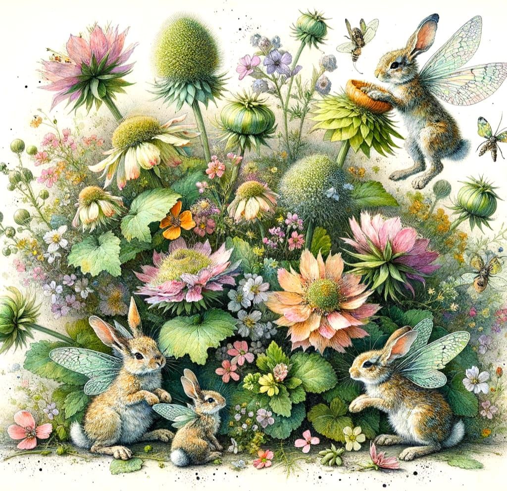 Victorian Whimsy: Fairy Rabbits Among Wildflowers