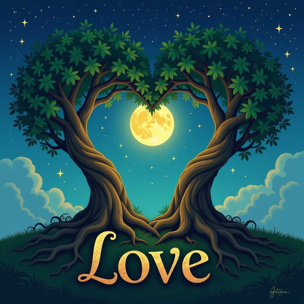 Heart-Shaped Trees Under a Starry Night Sky