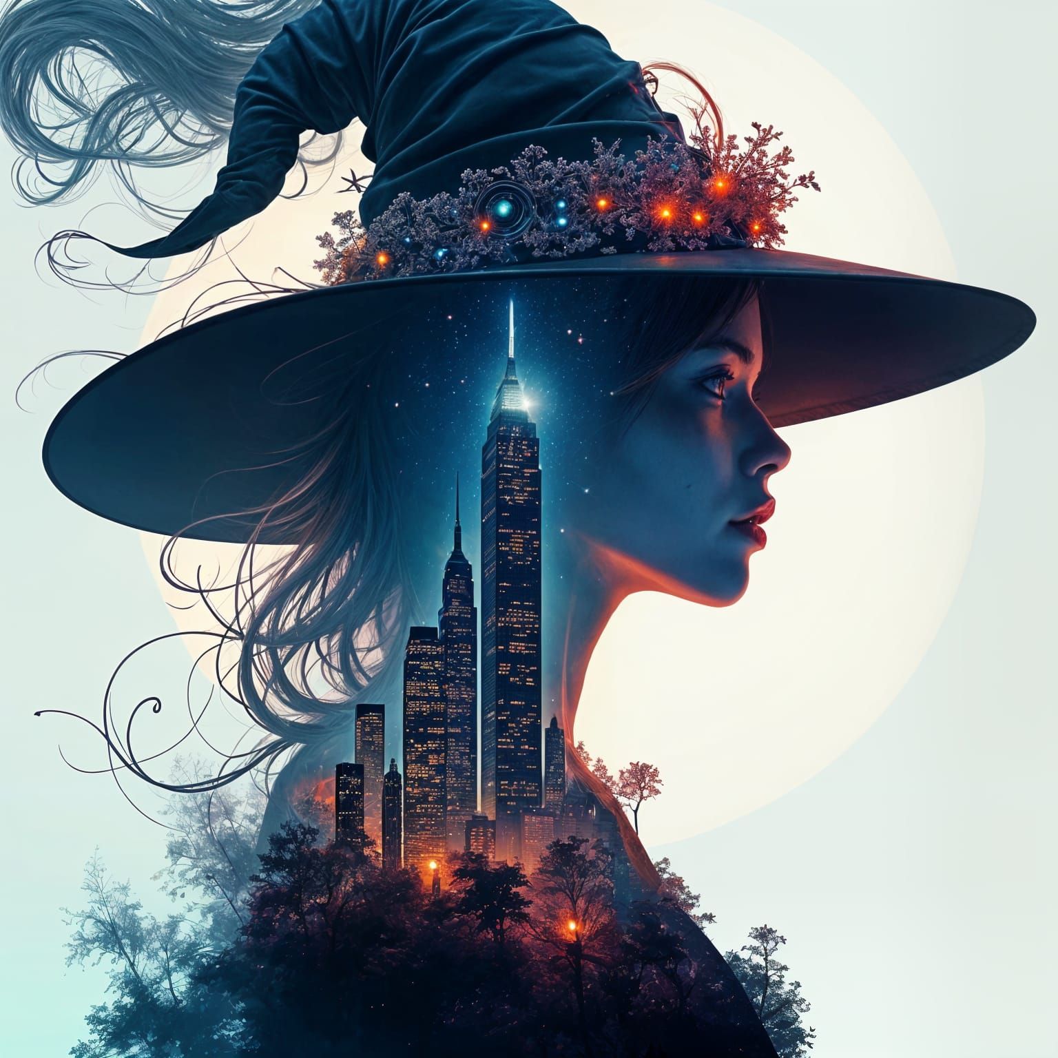 Anime Style Double Exposure Witch With Cityscape