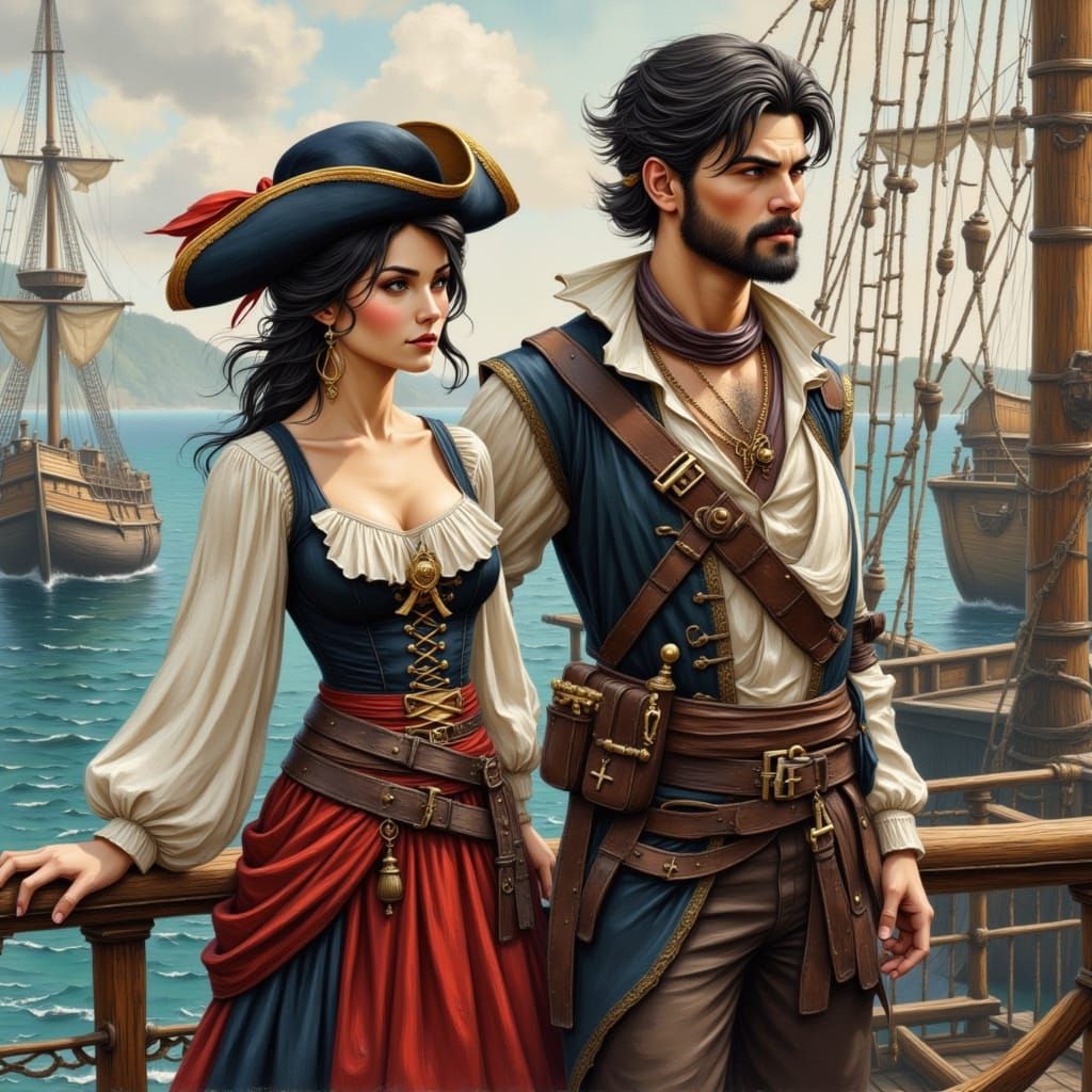 Anime Lady Pirate and Male Pirate on Ship Deck