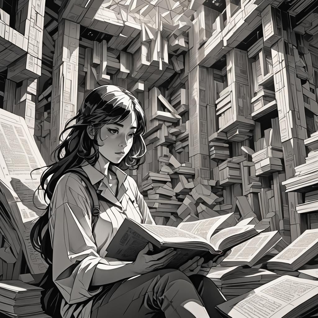 Cubist Woman Reading Book in Monochromatic Room