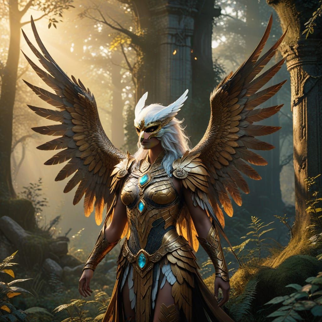 A majestic harpy, half-woman and half-eagle. Her lower body ...