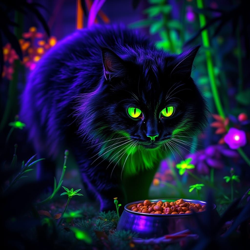 Fluffy Black Cat in Fluorescent Forest