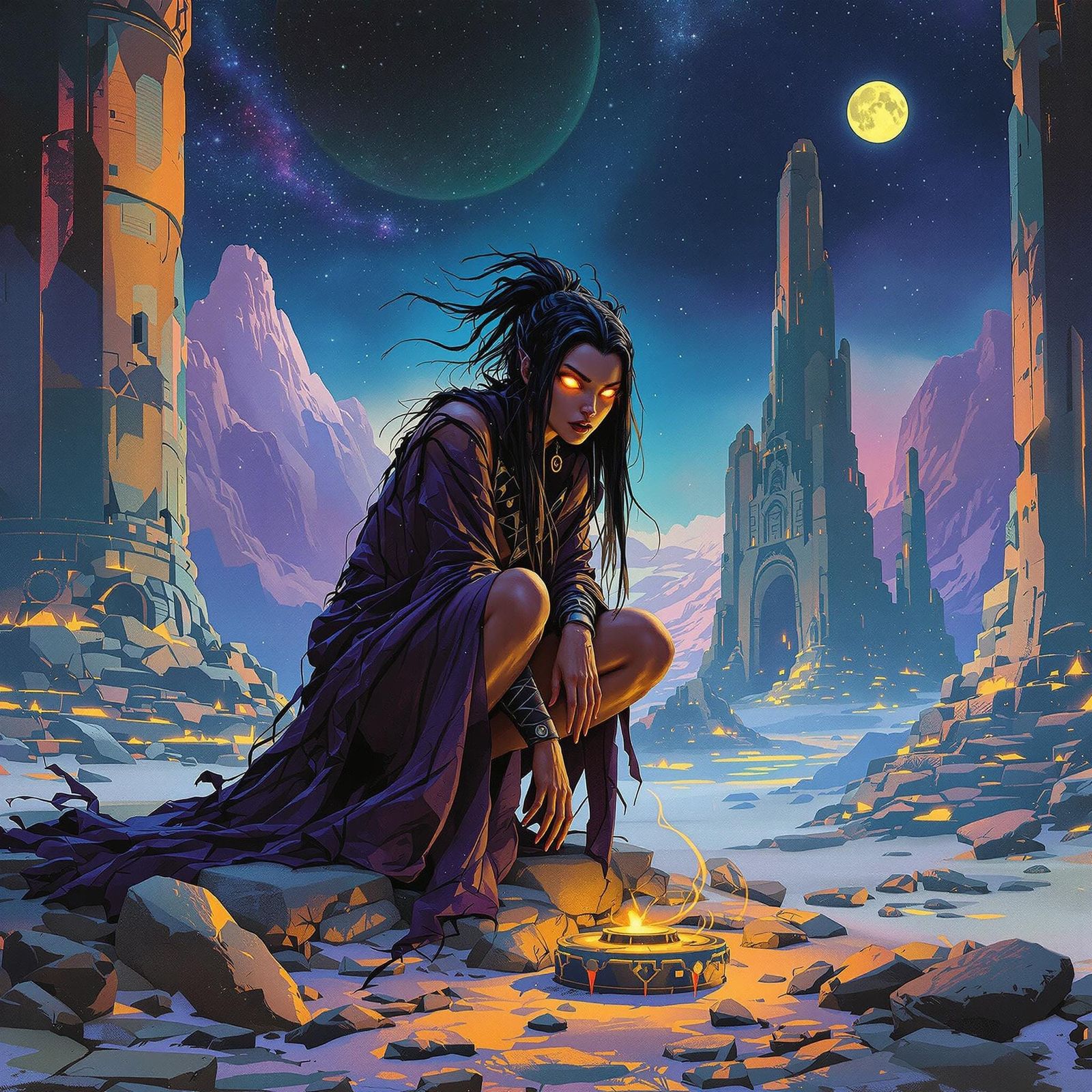 Lunar Priestess on Ruins in Retro Sci-Fi Style