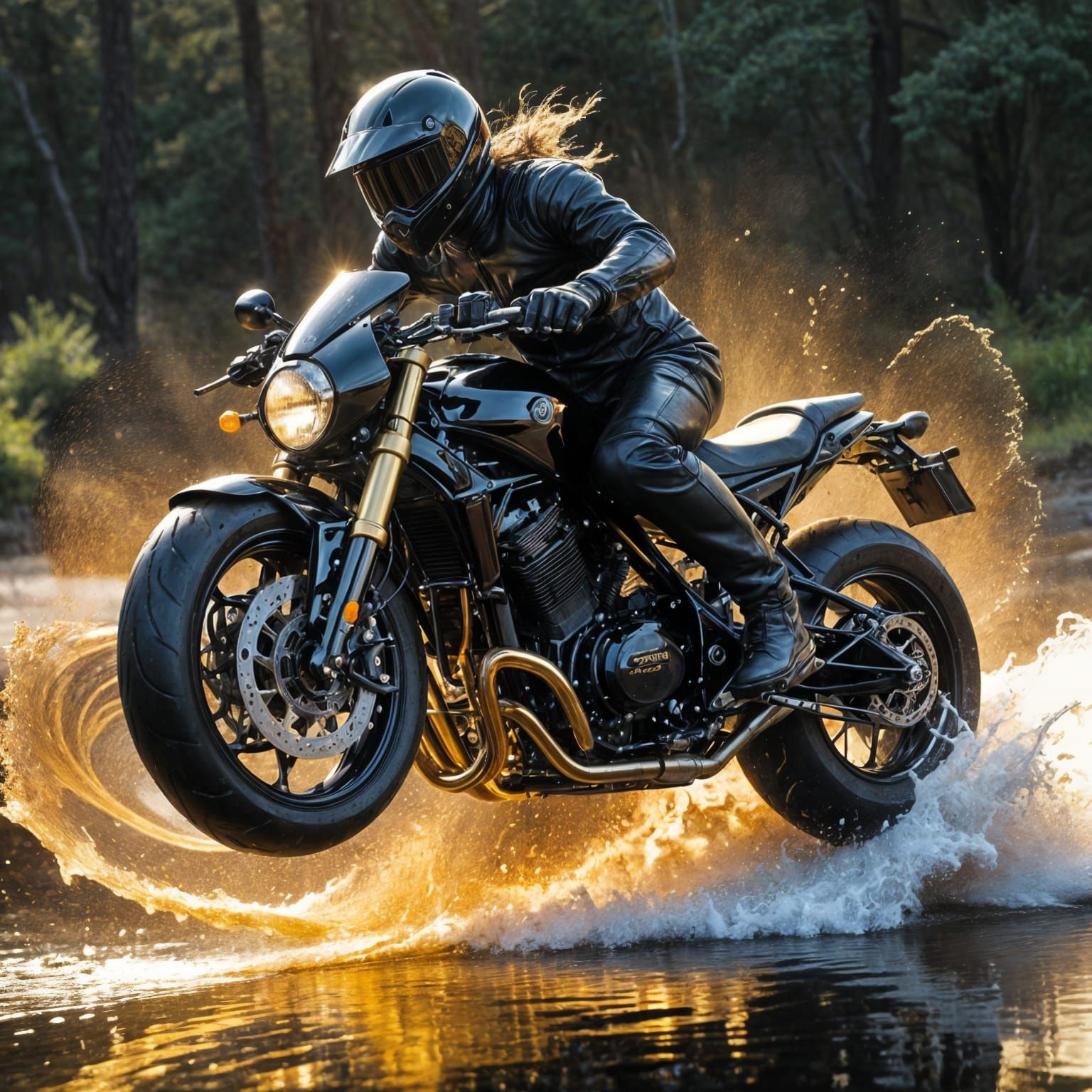 The motorcycle and rider are pure swirling, shiny, flowing b...