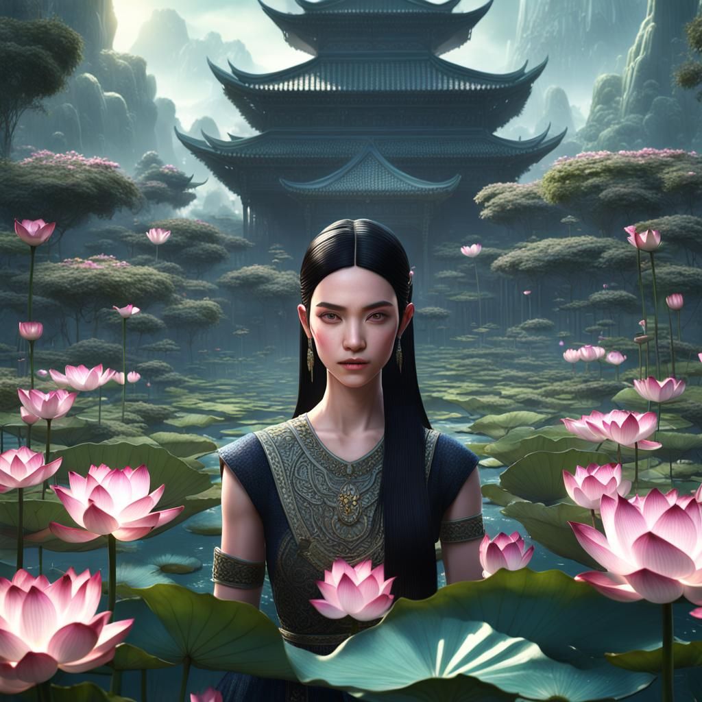 Girl with Black Hair in Lotus Garden