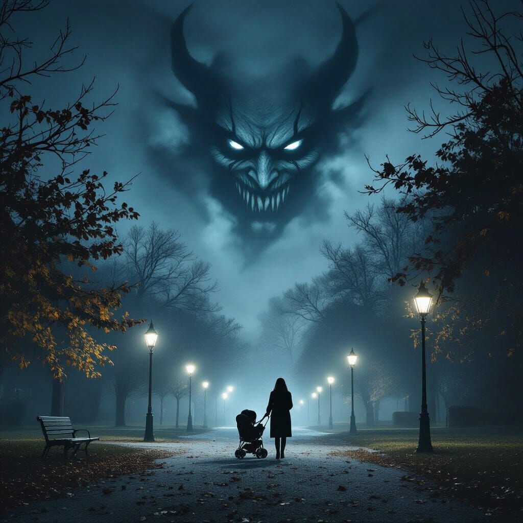 Sinister Demonic Face Looms Over Misty Park