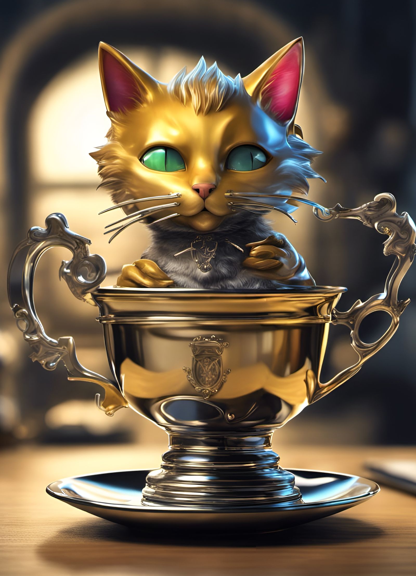 Cat in Teacup Atop Gleaming Trophy