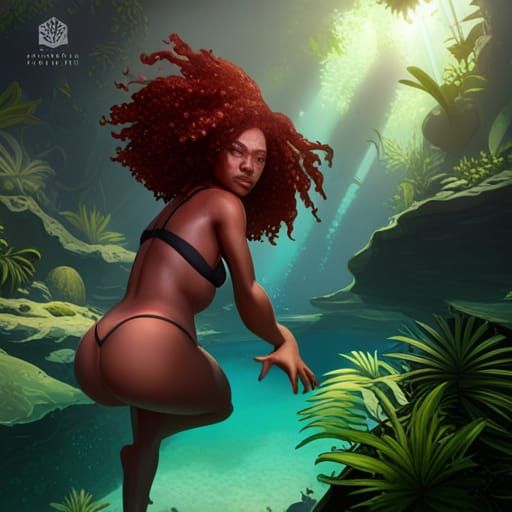 Curvy Girl Diving into Jungle Cenote Portrait