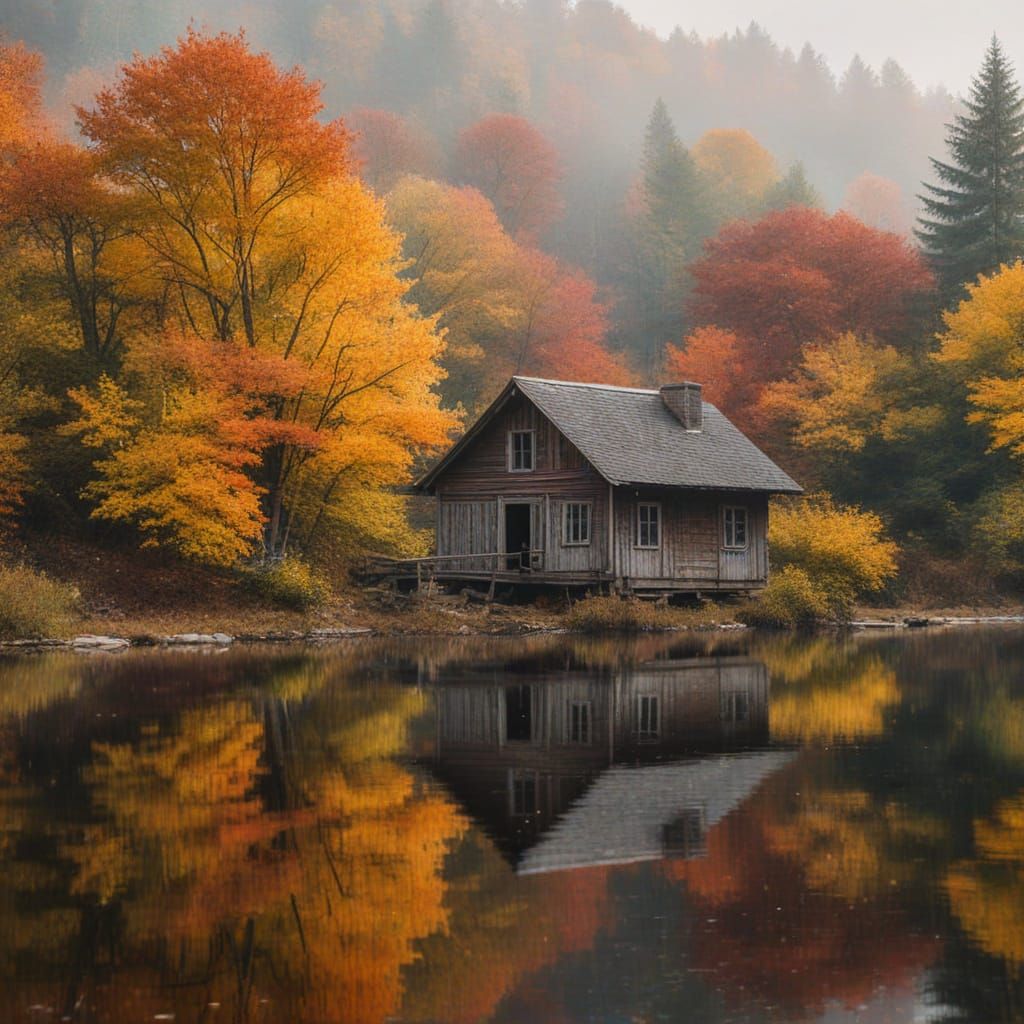 Golden Autumn Lake Scene with Moose and Old Hut