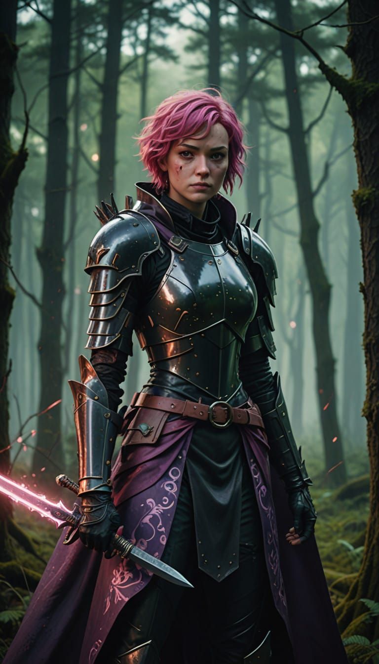 Majestic Pink Knight Awaits in Dark, Mystical Realm