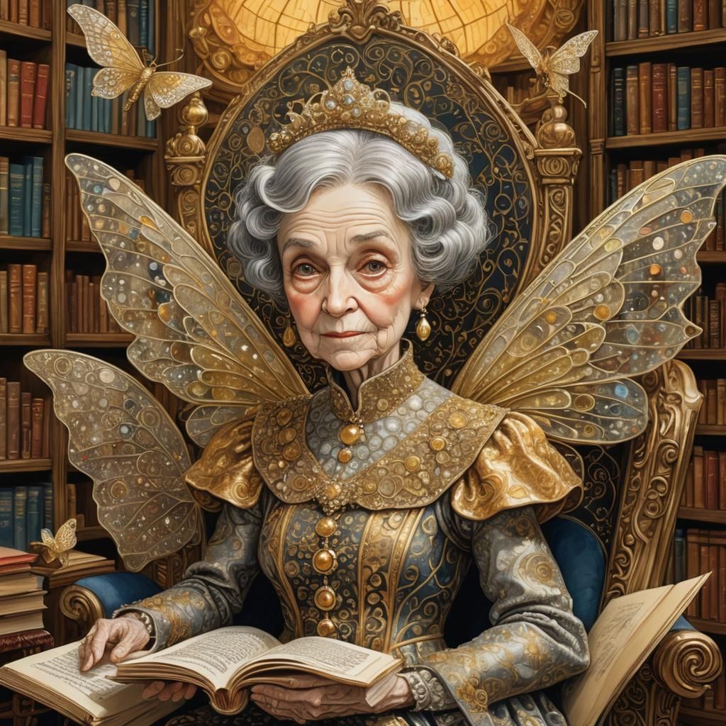 Fairy Godmother Reading, Gorey and Klimt Style