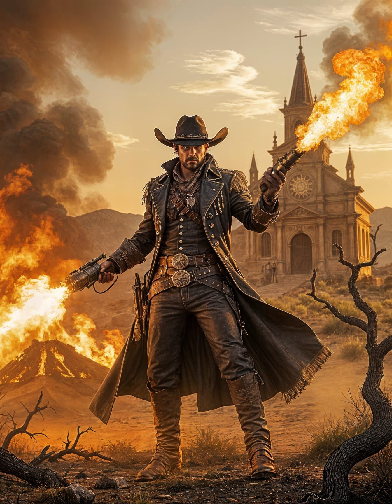 Baroque Cowboy Amidst Fiery Desert Landscape