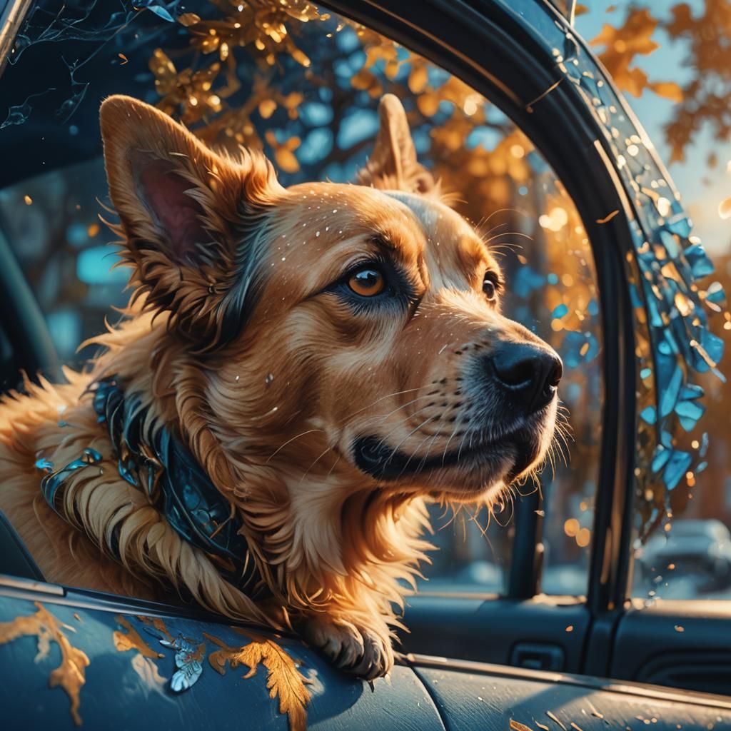 Dog in Car Window: Whimsical Digital Art