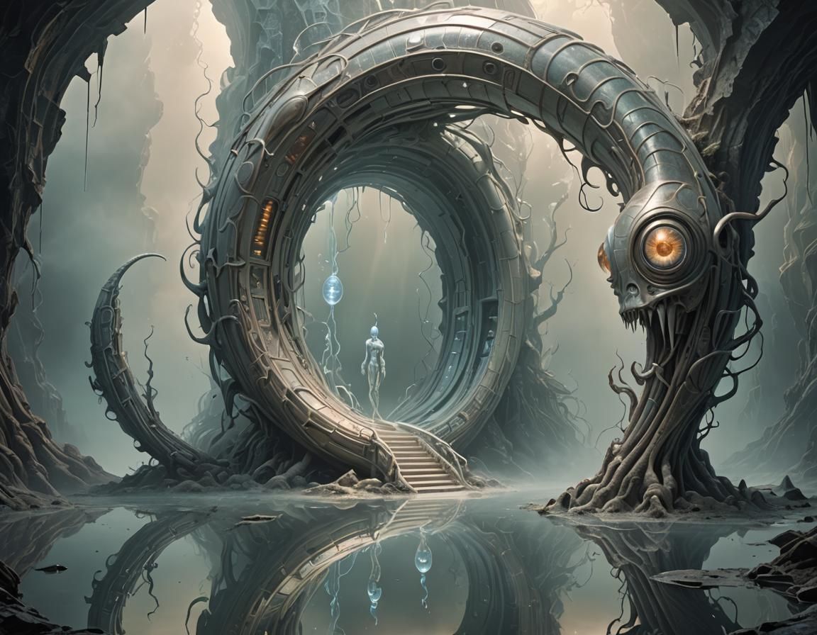 Crystalline Worm Enters Portal in Cubist Style