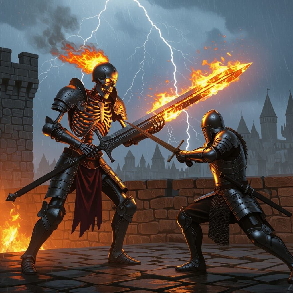 Fiery Skeleton Knight Battles Warrior on Burning Bridge