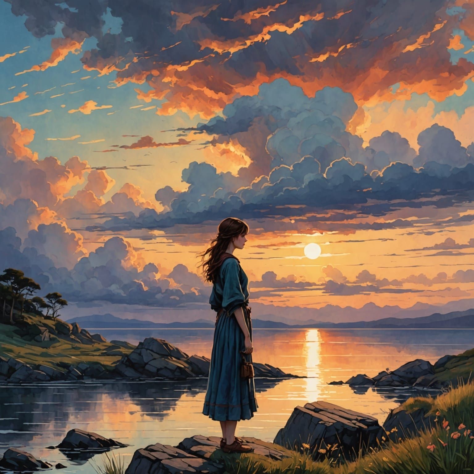 Anime Sunset Cloudscape in Watercolor Style