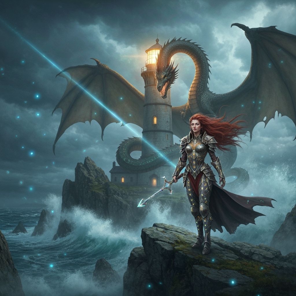 Dragon Queen Protects Lighthouse in Stormy Fantasy Landscape