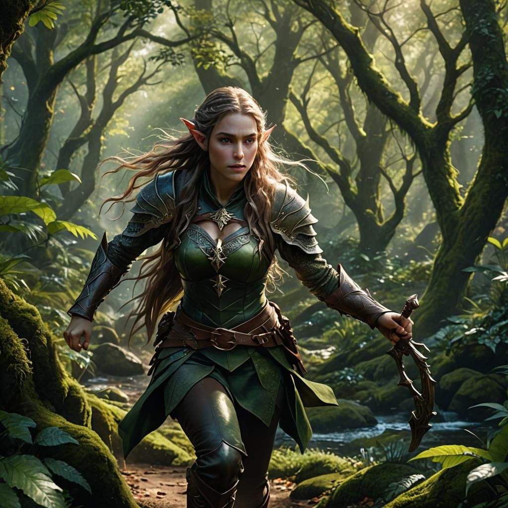 Young Elf Runs Through Lush Forest