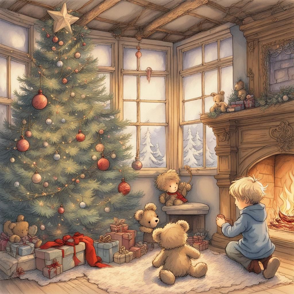 Fairytale Christmas Scene with Boy and Teddy Bears