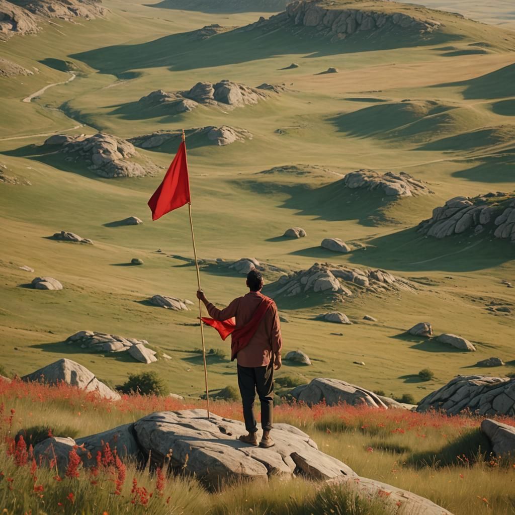 Arab Man with Red Flag in Meadow