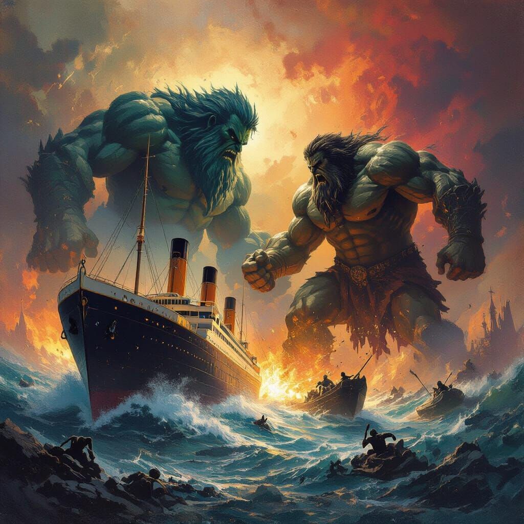 Epic Clash of Gods and Giants in Fantasy Art Style