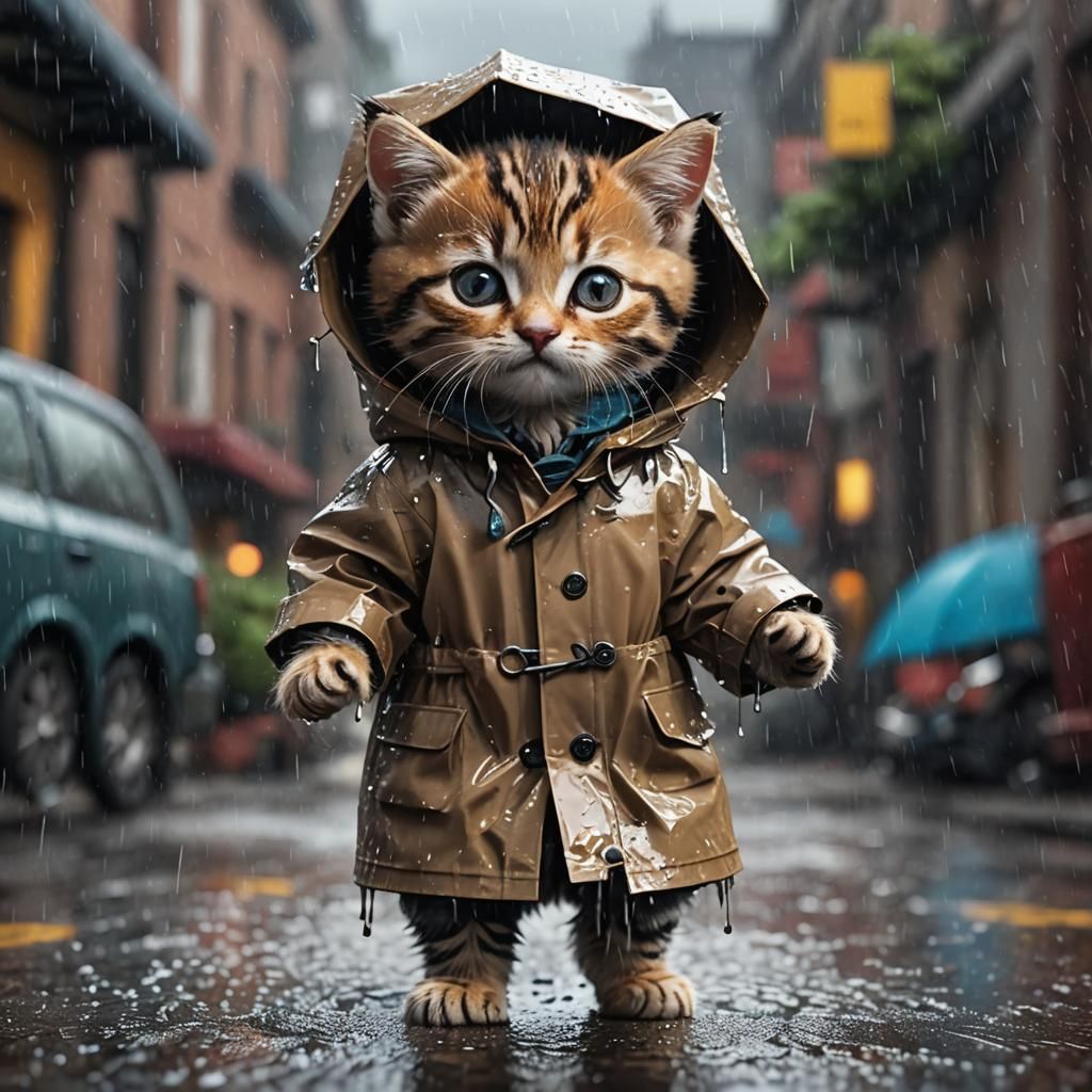 Cute Kitten in Rain in Unreal Engine 5 Style