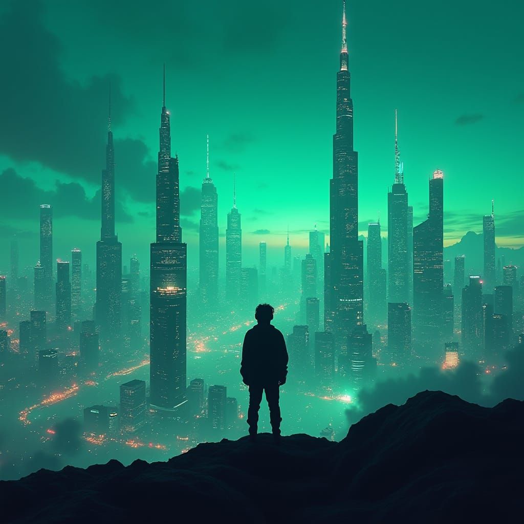 Futuristic Cityscape at Night with Lone Figure