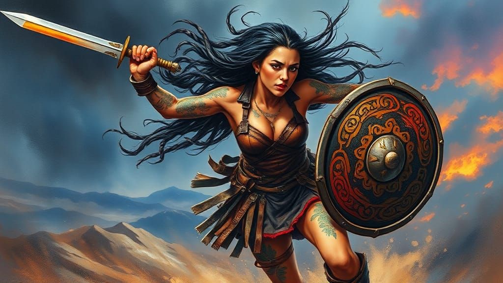 Tattooed Latina Warrior in Hyper-Detailed Watercolor