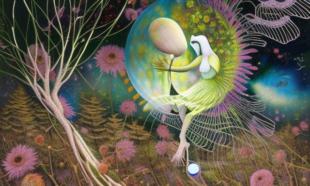 Woman-Bird Hybrid on Stargazing Platform in Dreamlike Style