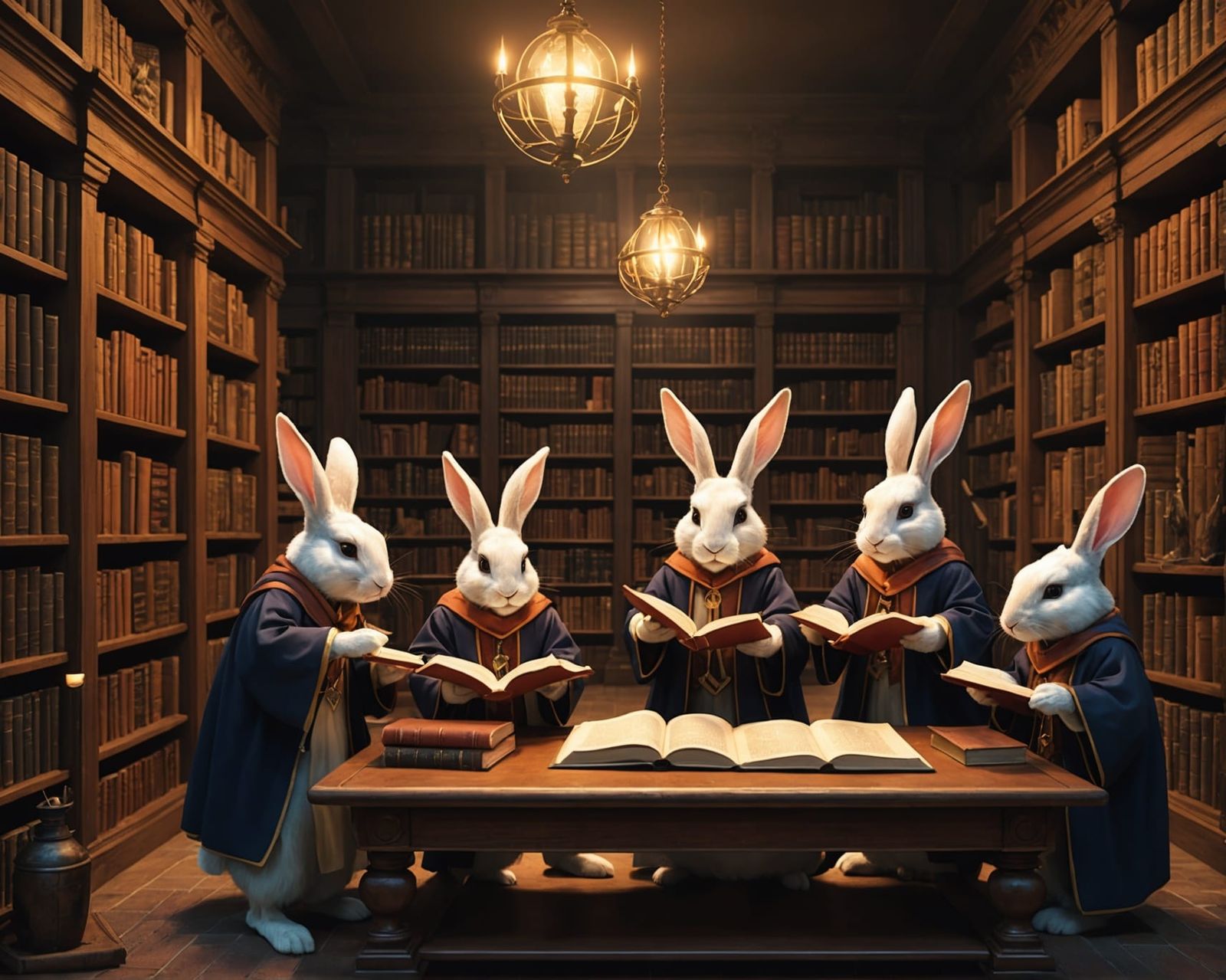 Bunny Wizards Studying Spells in Library