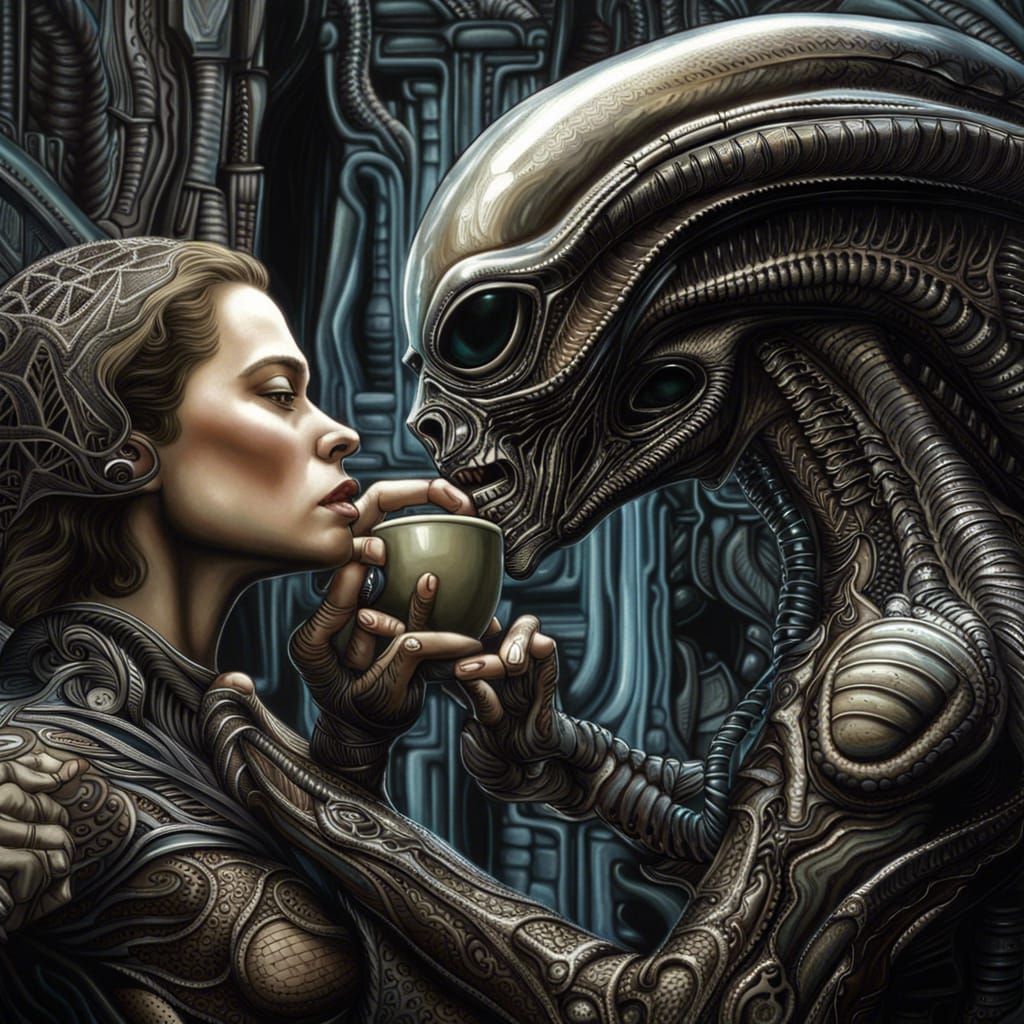 HR Giger's Alien drinking coffee with Sigourney Weaver