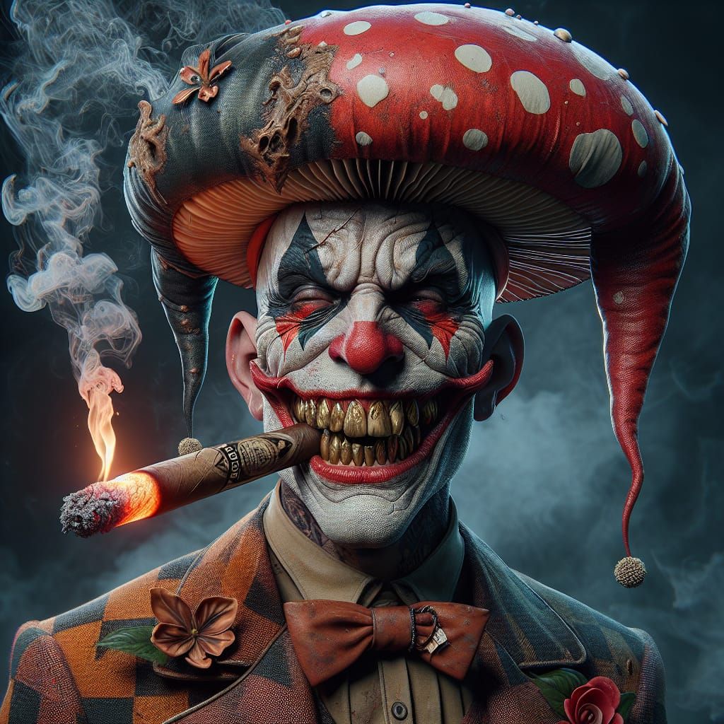 Chaotic Rebel in Harlequin Jester Makeup Smokes Cigar Under ...