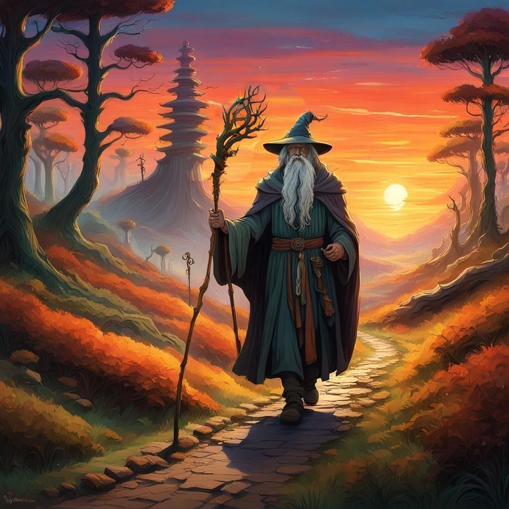 Druid Walks Forest Path at Sunset: Fantasy Art