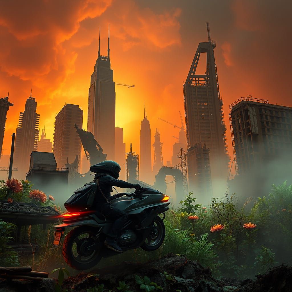 Ethereal Ruins: Bioluminescent Cityscape after Alien Invasio...