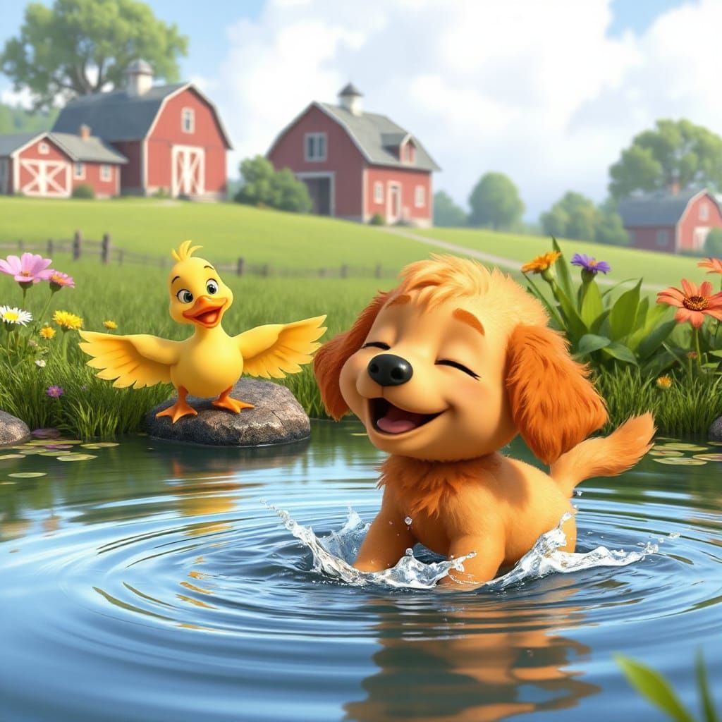 Fluffy Orange Puppy Splashing with Duck in Disney/Pixar Styl...