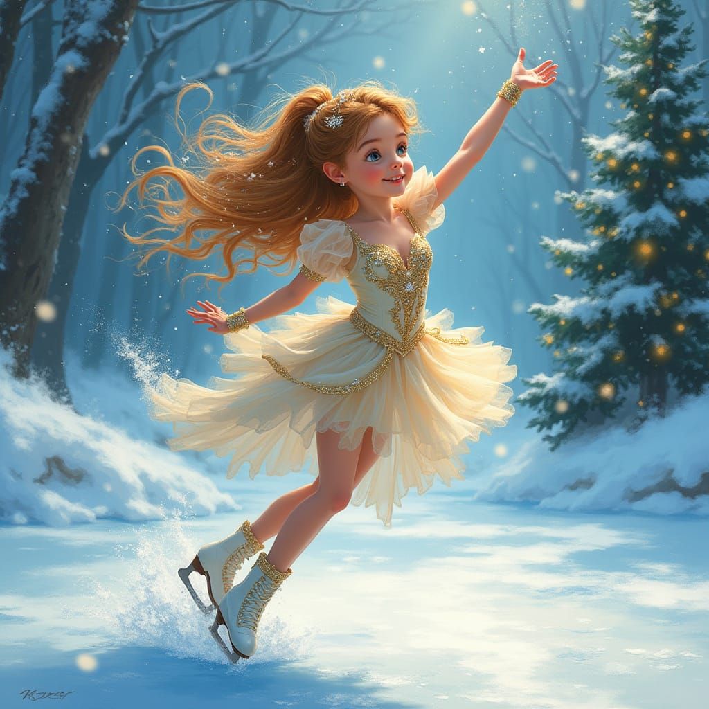 Whimsical Ice Skating Princess in Art Nouveau Style