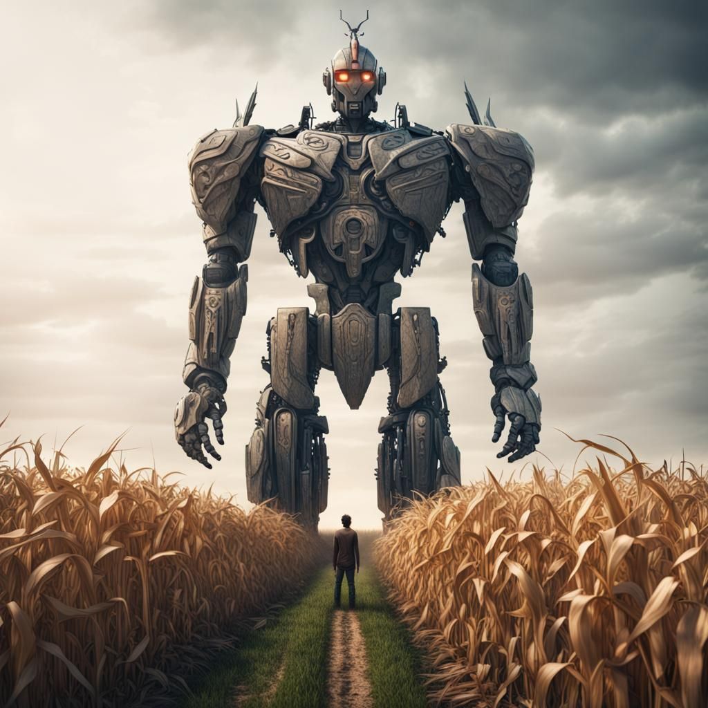 Giant Robot God in Cornfield with Neolithic Humans
