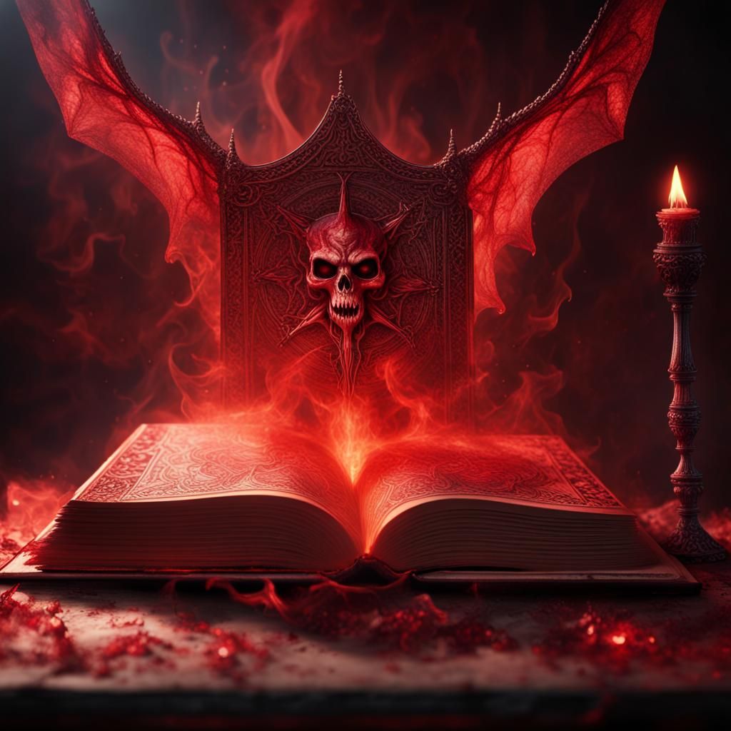 Satan Reading Macabre Book in Red Haze