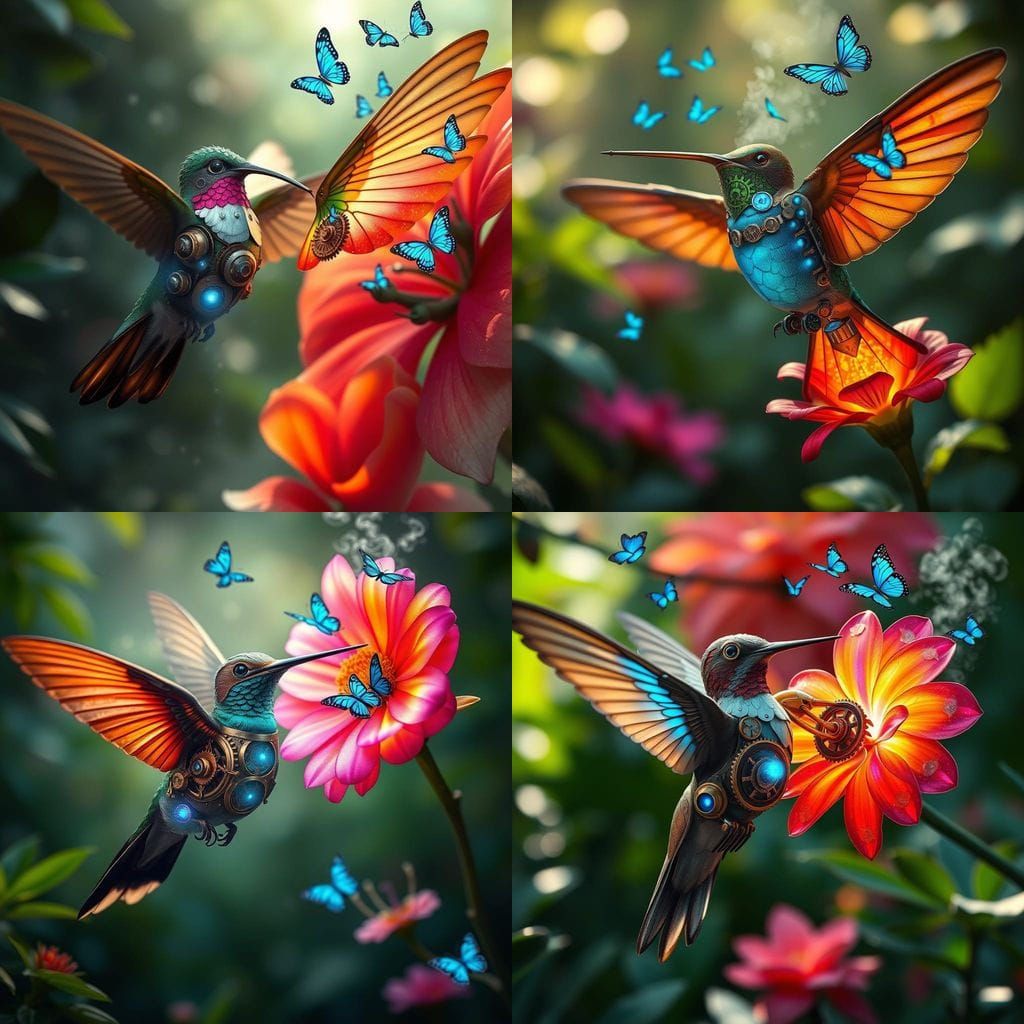 Steampunk Hummingbird with Exotic Flower