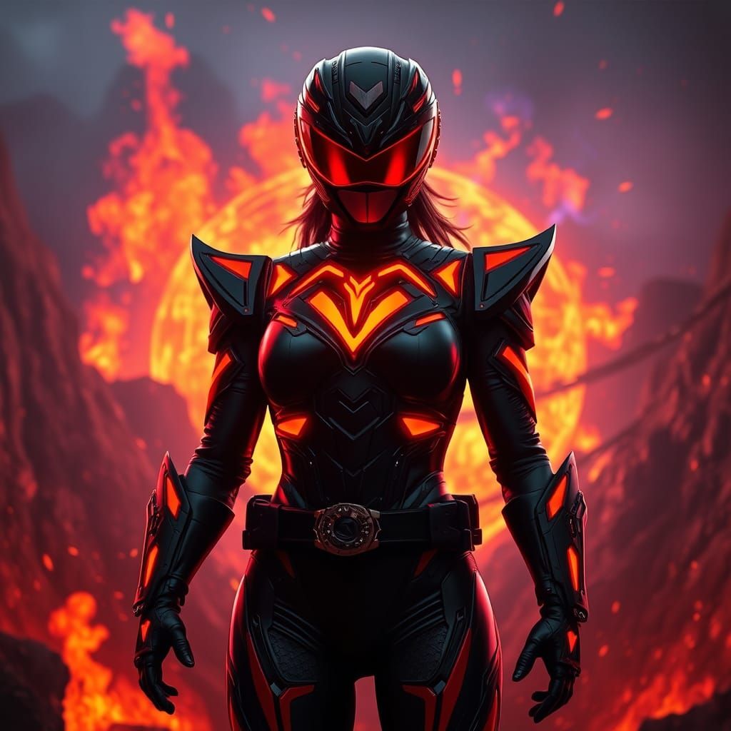 Fiery Woman Power Ranger in Black Biomechanical Armor